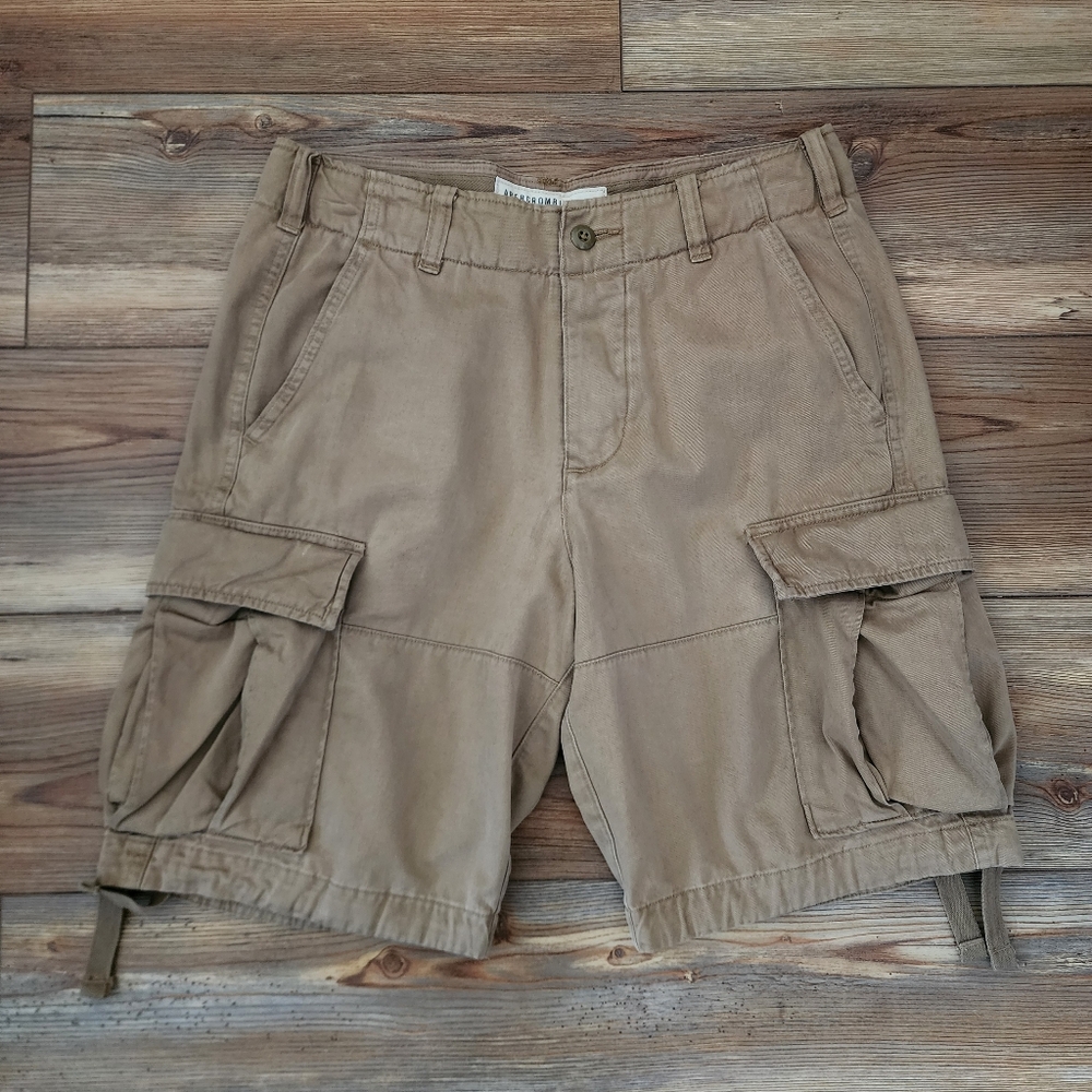 Abercrombie and Fitch Cargo Shorts Mens 30 Beige Button Fly Drawstring Cotton